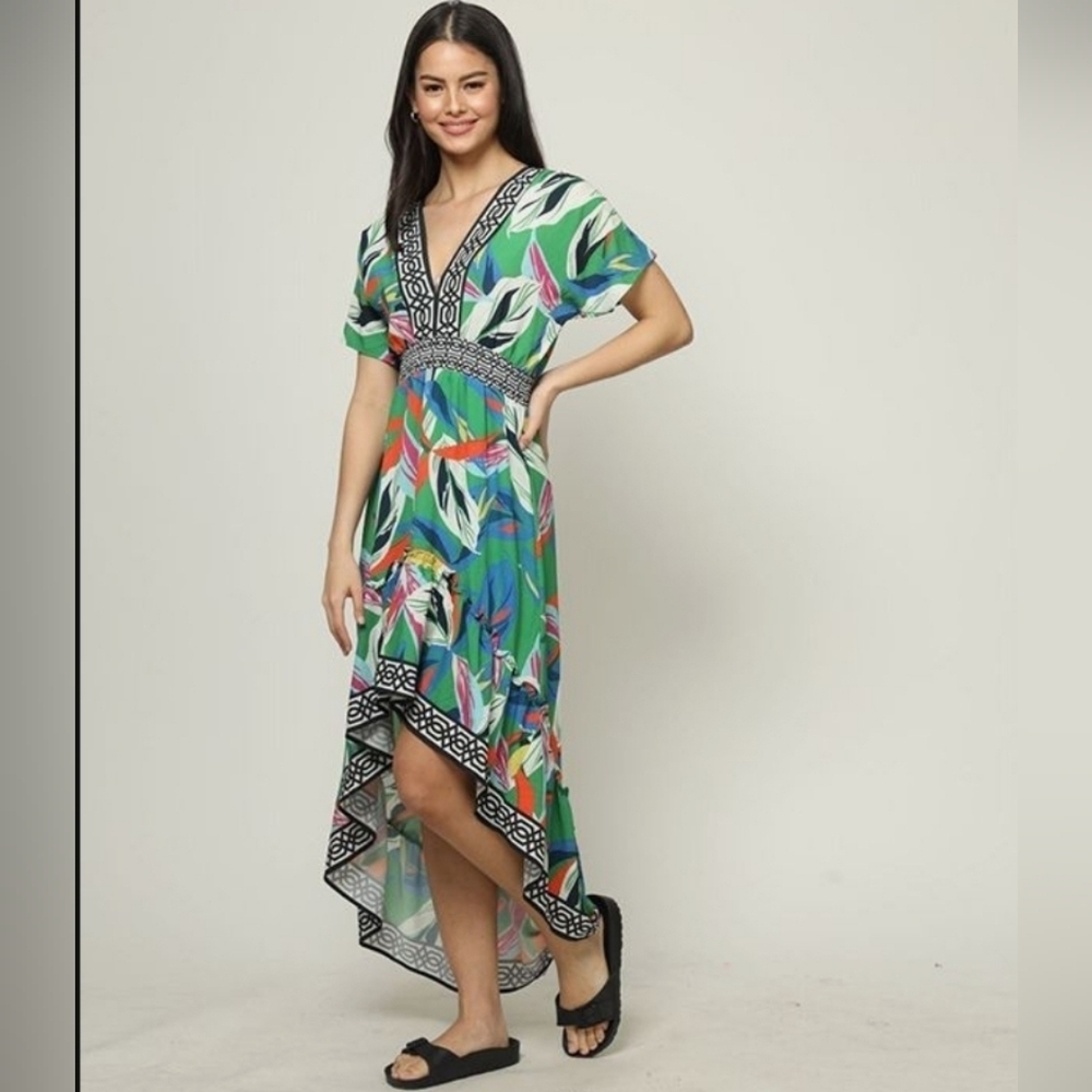 Flying Tomato Maxi Dress Off The Shoulder Hi Low Green Tropical Floral Size MD